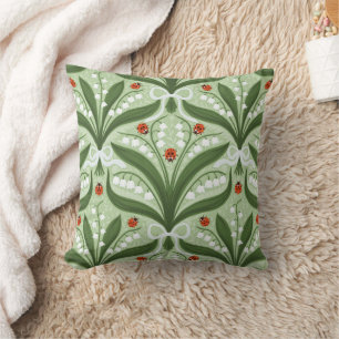 Lily of the valley and ladybugs symmetry in green, cushion