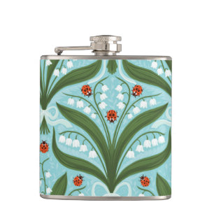 Lily of the valley and ladybugs symmetry in green, hip flask