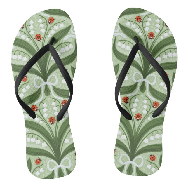 Lily of the valley and ladybugs symmetry in green, jandals (Footbed)