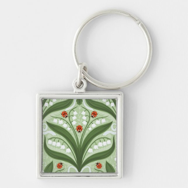 Lily of the valley and ladybugs symmetry in green, key ring (Front)