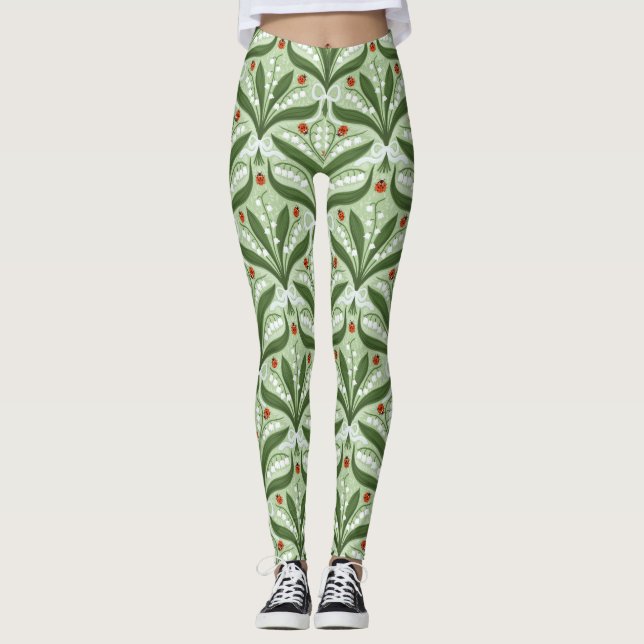 Lily of the valley and ladybugs symmetry in green, leggings (Front)