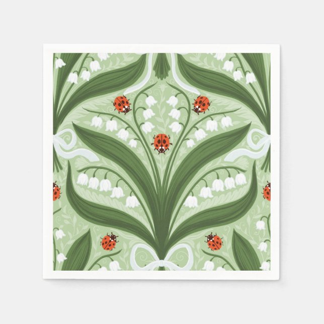 Lily of the valley and ladybugs symmetry in green, napkin (Front)