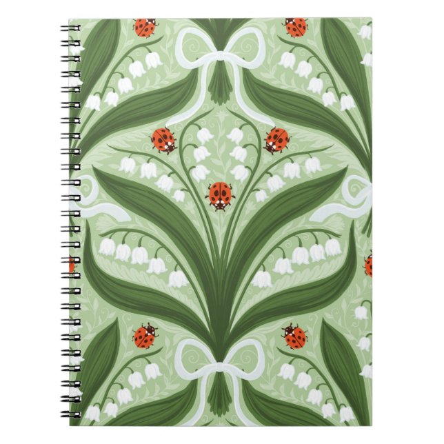 Lily of the valley and ladybugs symmetry in green, notebook (Front)