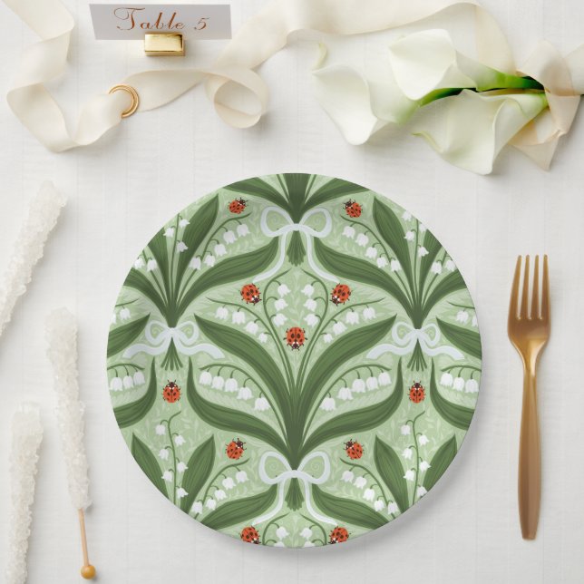 Lily of the valley and ladybugs symmetry in green, paper plate (Wedding)