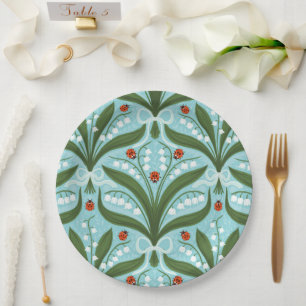 Lily of the valley and ladybugs symmetry in green, paper plate