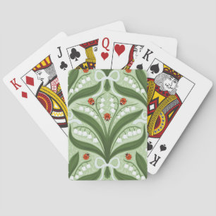 Lily of the valley and ladybugs symmetry in green, playing cards