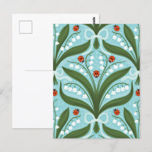 Lily of the valley and ladybugs symmetry in green, postcard