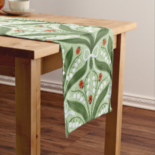 Lily of the valley and ladybugs symmetry in green, short table runner