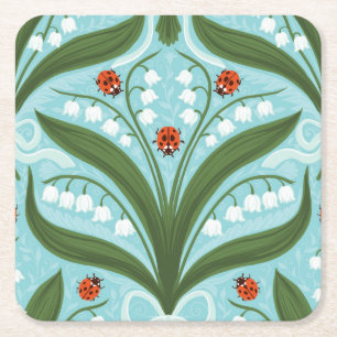Lily of the valley and ladybugs symmetry in green, square paper coaster