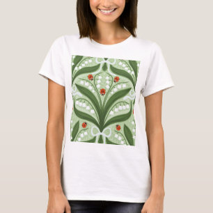 Lily of the valley and ladybugs symmetry in green, T-Shirt