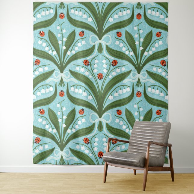 Lily of the valley and ladybugs symmetry in green, tapestry (In Situ)