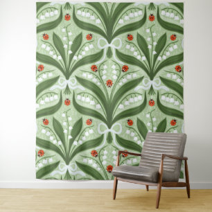 Lily of the valley and ladybugs symmetry in green, tapestry