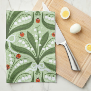 Lily of the valley and ladybugs symmetry in green, tea towel