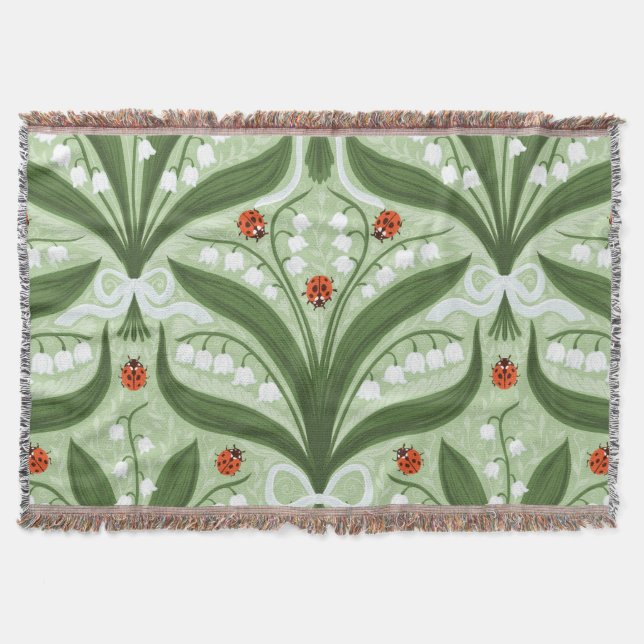 Lily of the valley and ladybugs symmetry in green, throw blanket (Front)