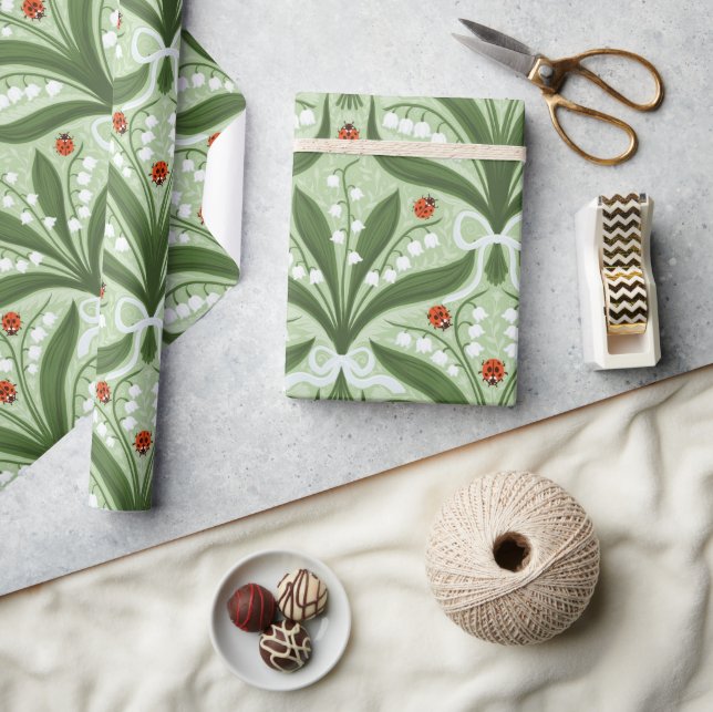 Lily of the valley and ladybugs symmetry in green, wrapping paper (Crafts)