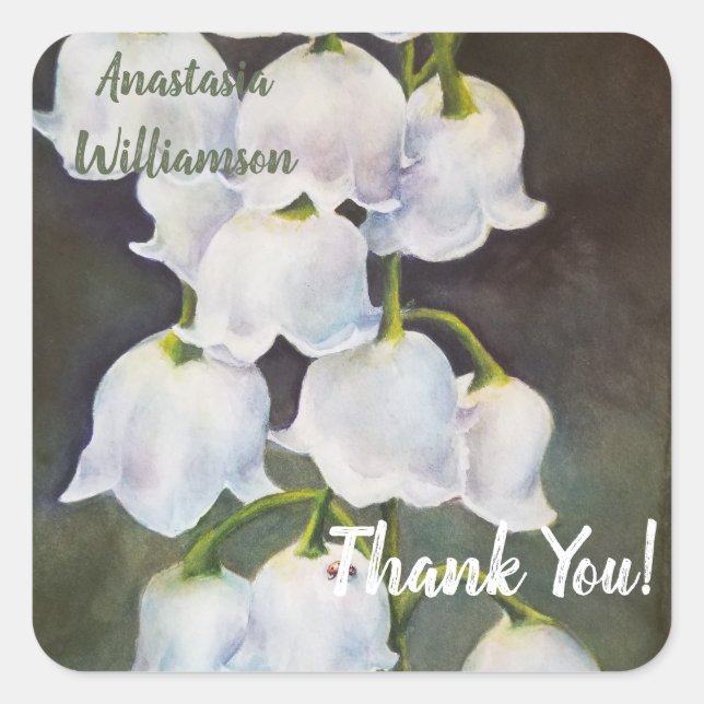 LILY OF THE VALLEY and RED LADYBUG THANK YOU Square Sticker (Front)