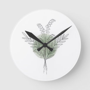 Lily of the Valley Botanical Line Art Watercolor Round Clock