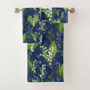 Lily of the Valley Dark Blue Background Bath Towel Set