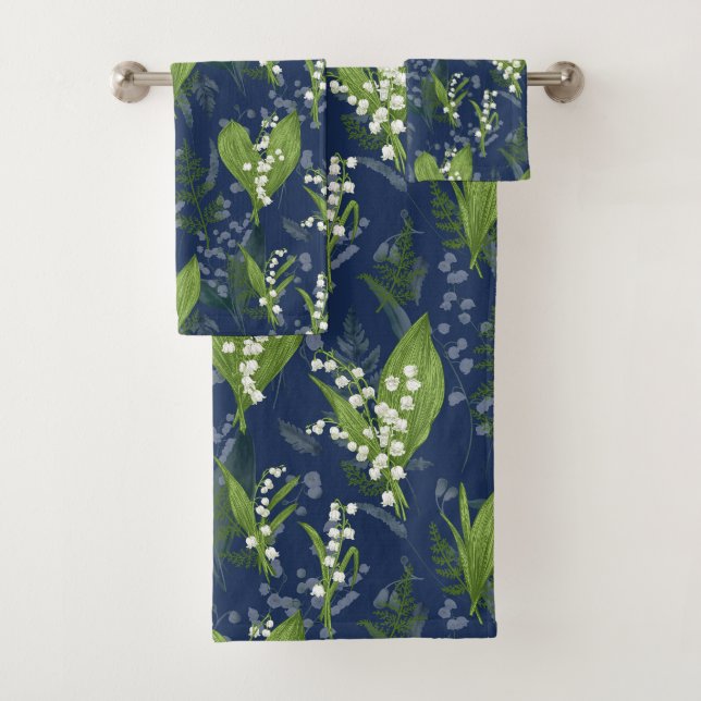 Lily of the Valley Dark Blue Background Bath Towel Set (Insitu)