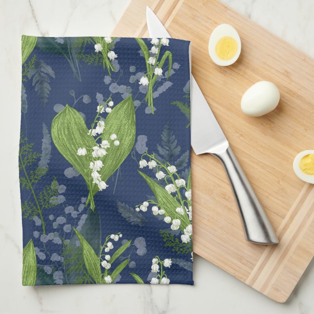 Lily of the Valley Dark Blue Background Tea Towel (Quarter Fold)