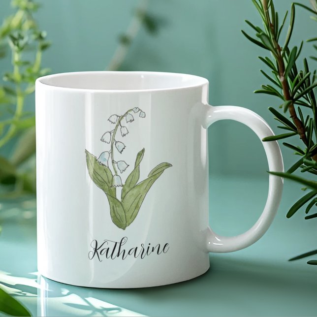 Lily of the Valley Elegant Personalised Floral Coffee Mug (Featuring original art of Lily of the Valley, plus pretty script, this floral mug is a great gift.)