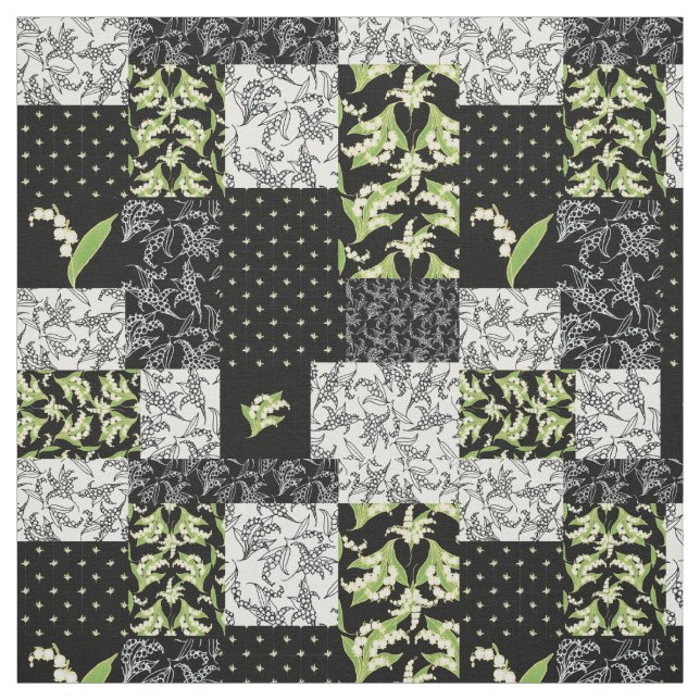 Lily-of-the-Valley Floral Faux Patchwork Black Fabric (Swatch)