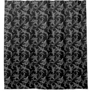 Lily-of-the-Valley Floral Motif White on Black Shower Curtain