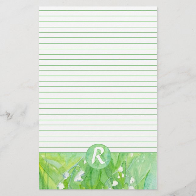 Lily of the Valley Flowers Monogram Lined Stationery (Front)