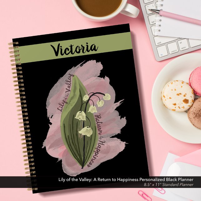 Lily of the Valley Happiness Personalised Black Planner (Lily of the Valley Happiness Personalized Black and Green Planner)