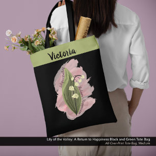 Lily of the Valley Happiness Personalised Black Tote Bag