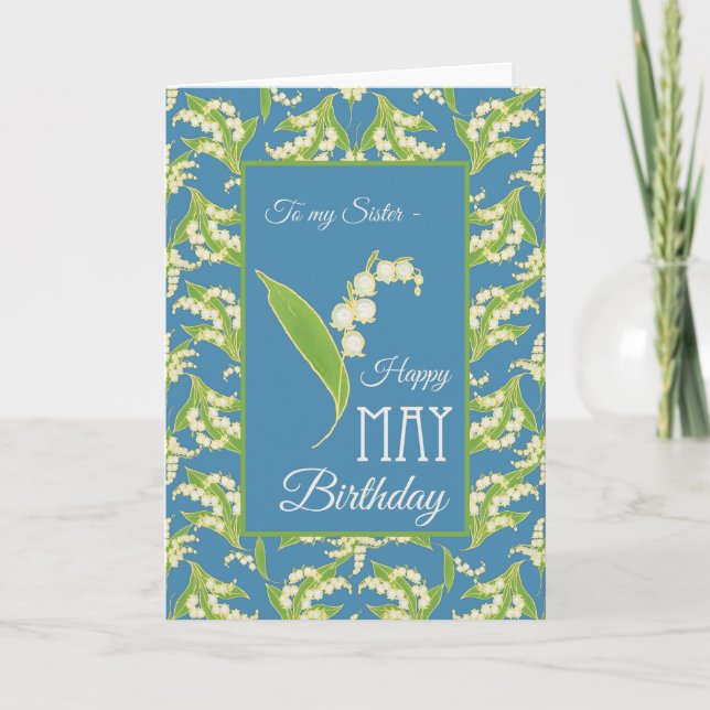 Lily-of-the-Valley May Birthday Card, Blue: Sister Card (Front)