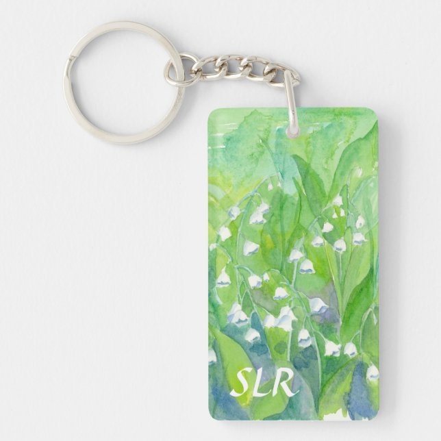 Lily of the Valley Watercolor Painting Monogram Key Ring (Front)