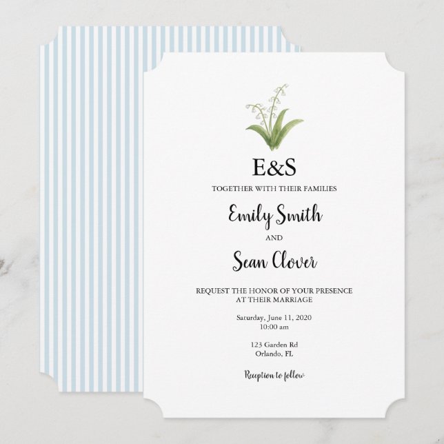Lily of the Valley Wedding Monogram Blue Stripe Invitation (Front/Back)