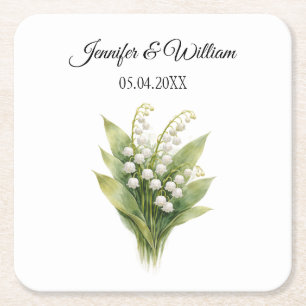 Lily Of The Valley White Floral Wedding Square Paper Coaster