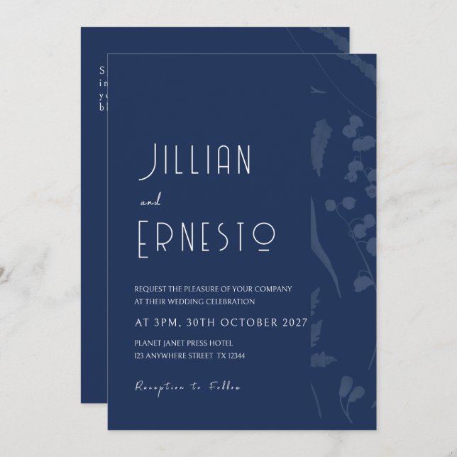 Lily of Valley || Deep Blue Solid with Faded Edge Invitation (Front/Back)