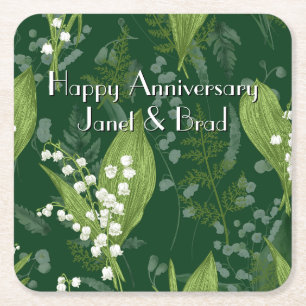 Lily of Valley with Ferns    Dark Green Custom Square Paper Coaster