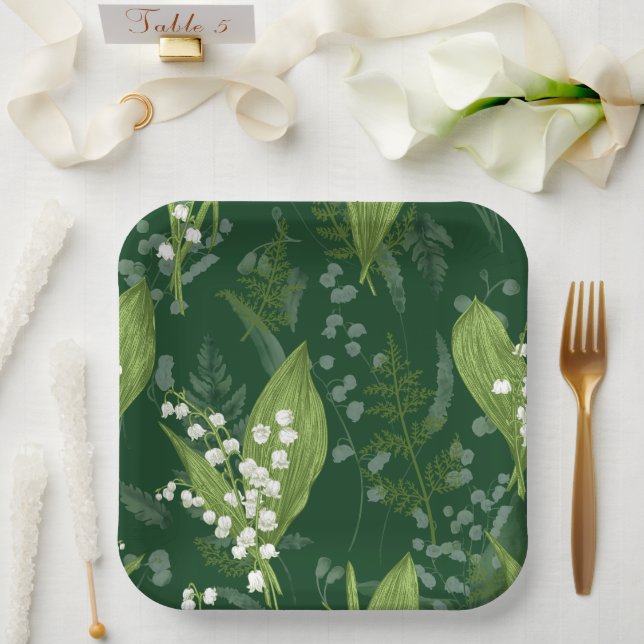 Lily of Valley with Ferns || Dark Green Non Custom Paper Plate (Wedding)