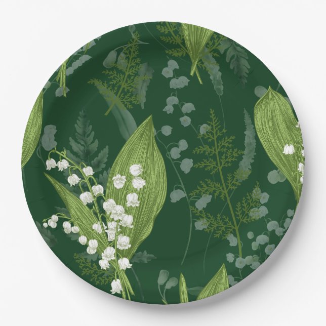 Lily of Valley with Ferns || Dark Green Non Custom Paper Plate (Front)