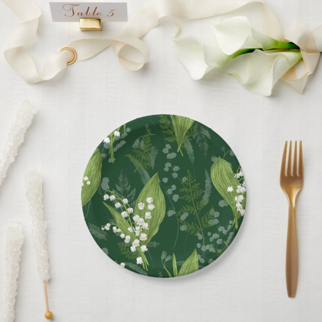 Lily of Valley with Ferns || Dark Green Paper Plate (Wedding)