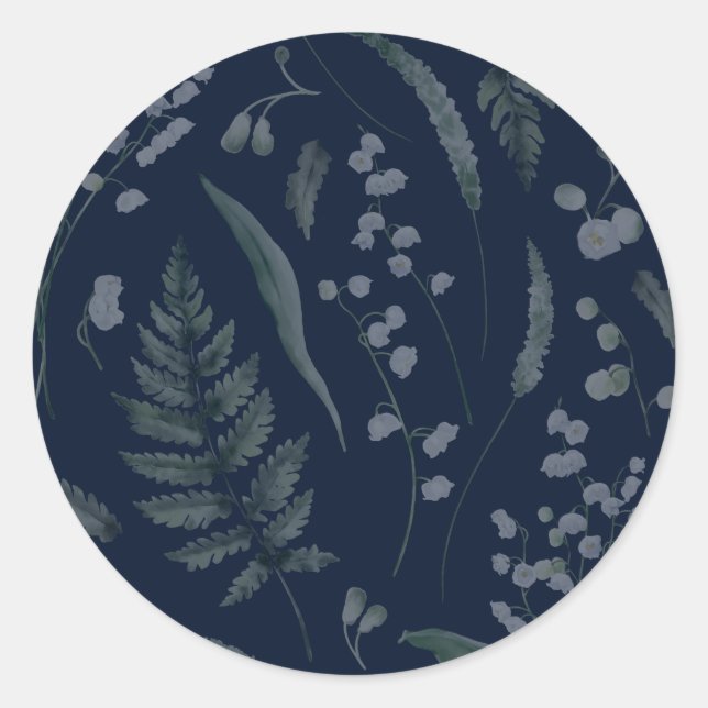 Lily of Valley with Ferns || Deep Dark Blue Classic Round Sticker (Front)