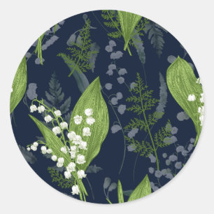 Lily of Valley with Ferns    Deep Dark Blue Classic Round Sticker