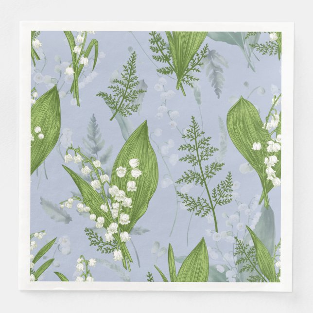 Lily of Valley with Ferns || Light Blue Napkin (Front)
