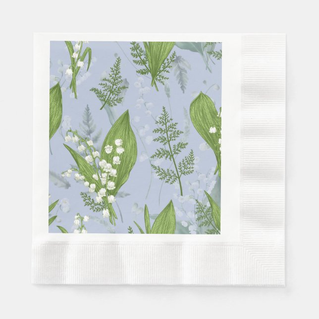 Lily of Valley with Ferns || Light Blue Napkin (Front)