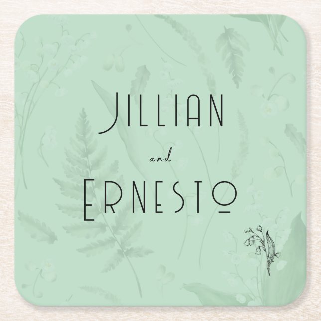 Lily of Valley with Ferns || White Custom Square Paper Coaster (Front)