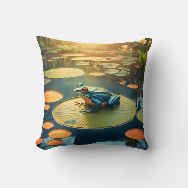 Lily Pad King – Frog Wildlife Art Throw Pillow (Front)