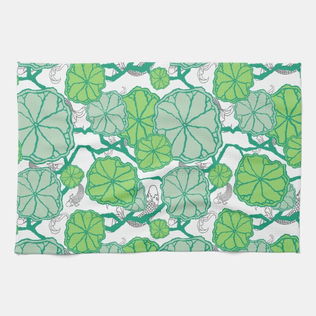 Lily Pad Koi Pond Pattern Kitchen Tea Towel (Horizontal)