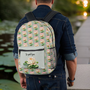 Lily Pad Lotus Flower Pink and Sage Green Monogram Printed Backpack