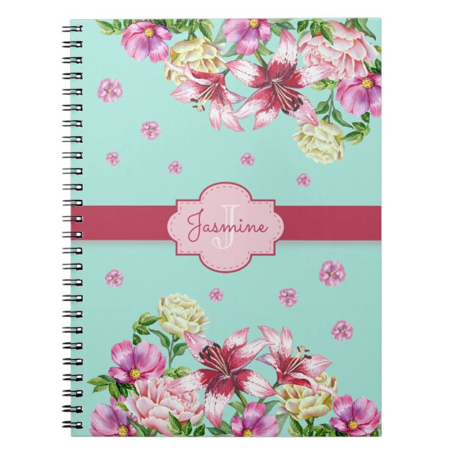 Lily & Peony Floral Aqua Spiral Notebook (Front)