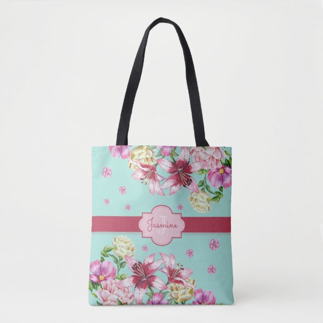 Lily & Peony Floral Aqua Tote Bag (Front)