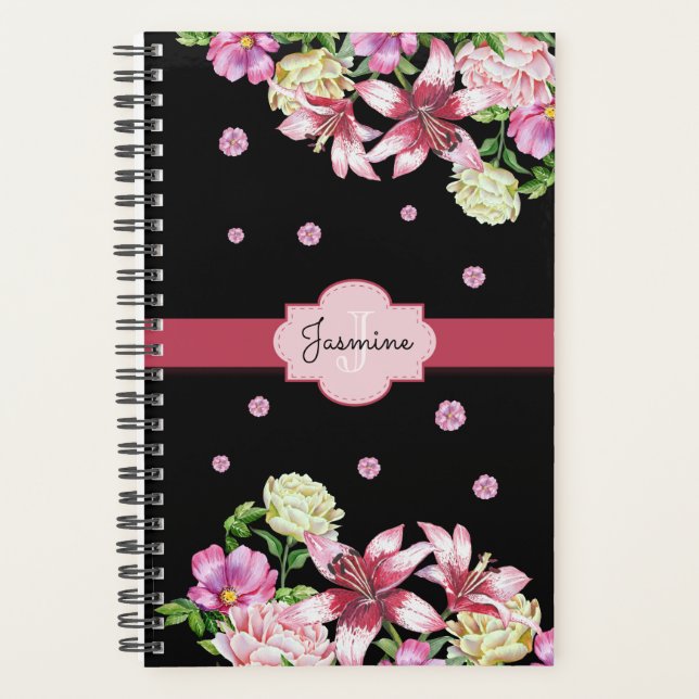Lily & Peony Floral Black Personalised Planner (Front)